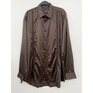 Men's Roper Western Brown Satin Like Rodeo Cowboy Shirt Embroidered Detail Snap